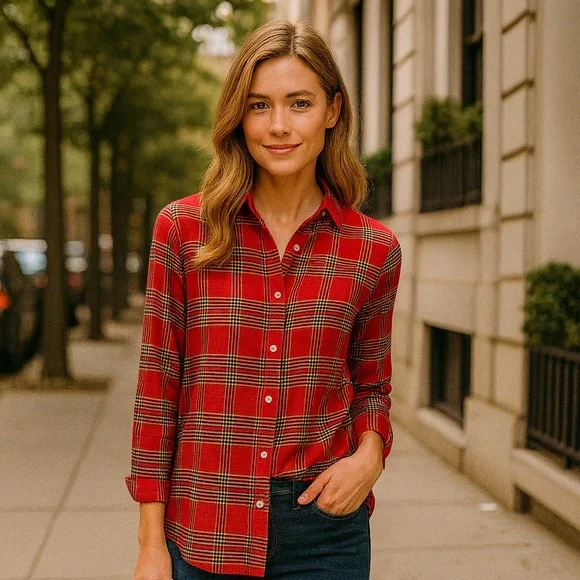 J. MCLAUGHLIN COTTON BUTTON-FRONT SHIRT – WOMEN’S SMALL – RED PLAID - Picture 1 of 6